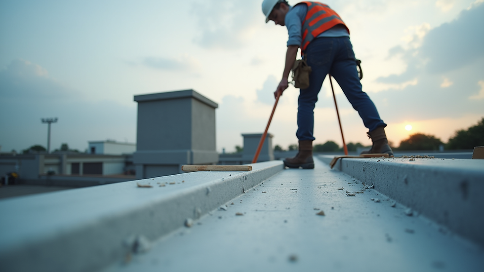 Eye-level view of a roofing contractor inspecting a commercial roof