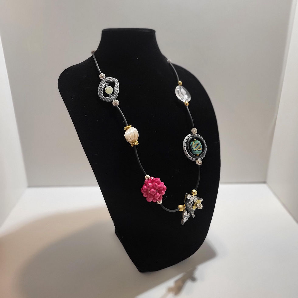 Thumbnail: Floral beaded necklace on black bust, showcasing details in a studio setting.
