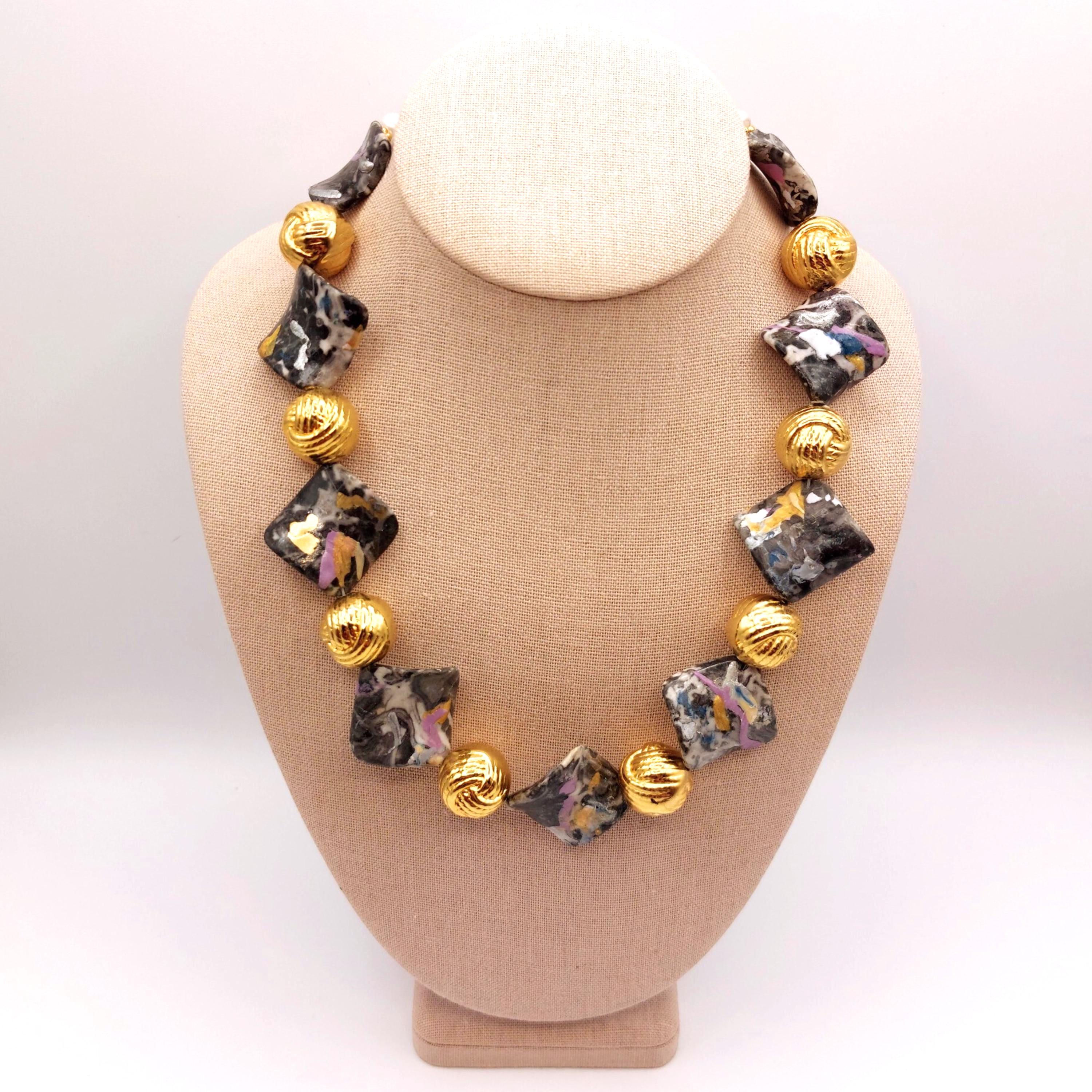 Gold and Pearl Statement Necklace with Mixed Beads, Chunky Artisan Jewelry on display.