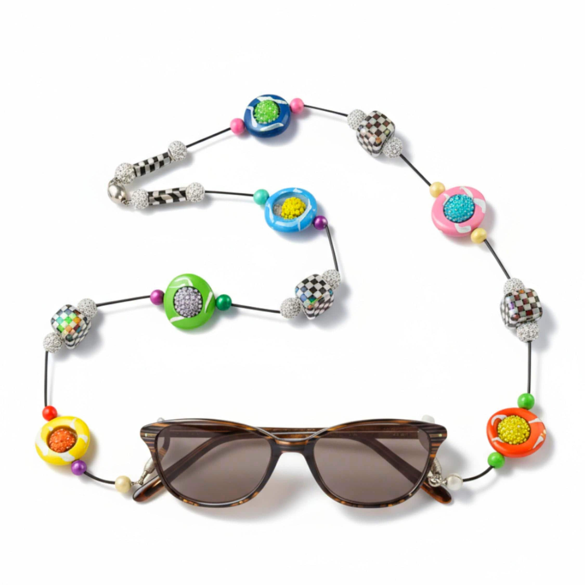 Sunglasses with colorful beaded chain. Hand-Painted Gold and White Beaded Necklace.