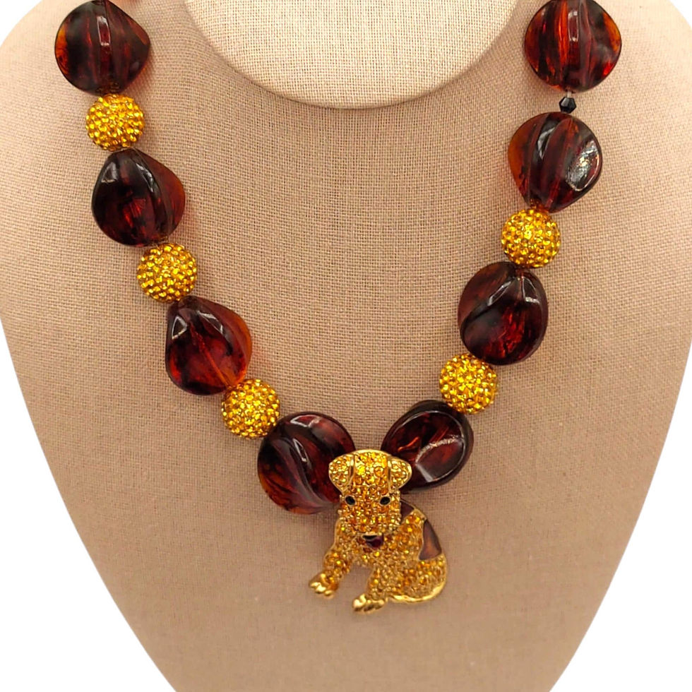Thumbnail: Vintage Airedale Dog Pendant Necklace, Amber Beads with Rhinestone Accents, displayed on a mannequin.