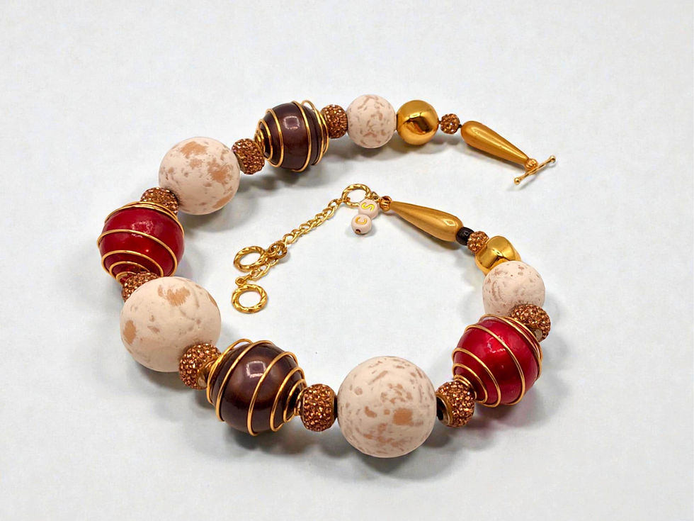 Thumbnail: Red & Gold Chunky Necklace, Wire Wrapped Beads, Handmade Statement Jewelry