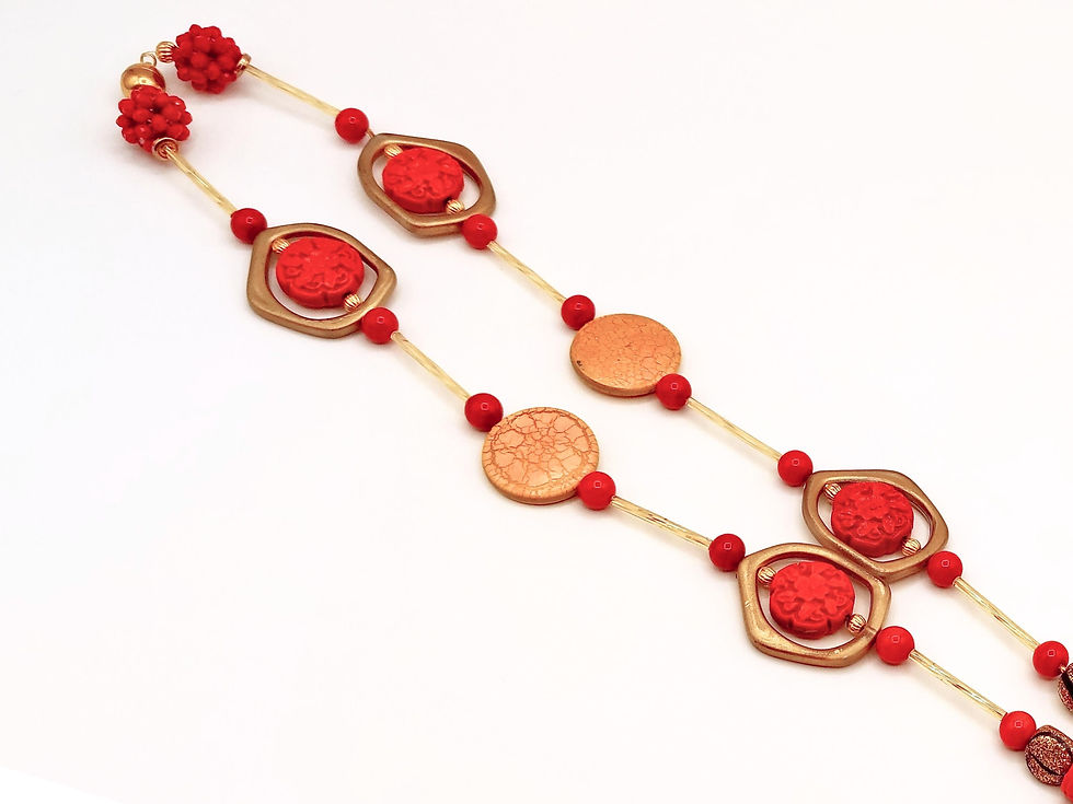 Thumbnail: Elegant red and beige beaded glasses chain with decorative round and geometric accents.