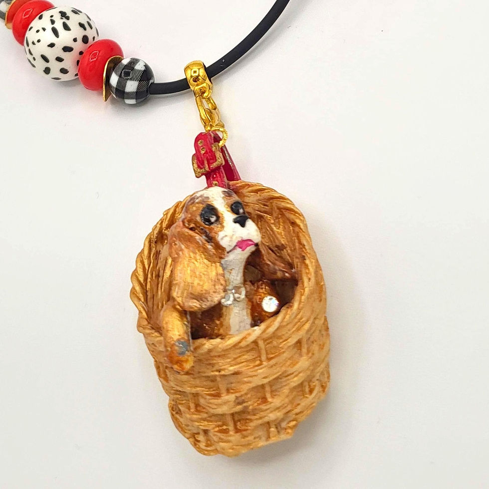 Thumbnail: Cavalier King Charles Spaniel dog in woven basket pendant, artisan jewelry piece