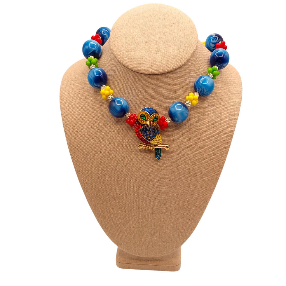 Thumbnail: Blue beaded parrot necklace on display stand, vibrant and detailed design.