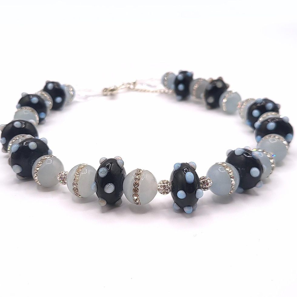 Thumbnail: Lampwork Glass Beaded Necklace, Black White Swirl Art, Adjustable Choker