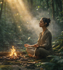 Mulher meditando ao lado do fogo.png