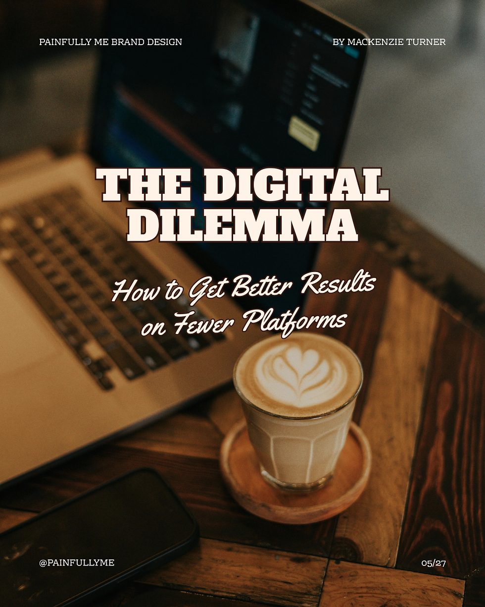A top-down view of a laptop and a cup of coffee on a rustic wooden table. The image features overlay text that reads: "The digital dilemma: why being everywhere is getting you nowhere."
