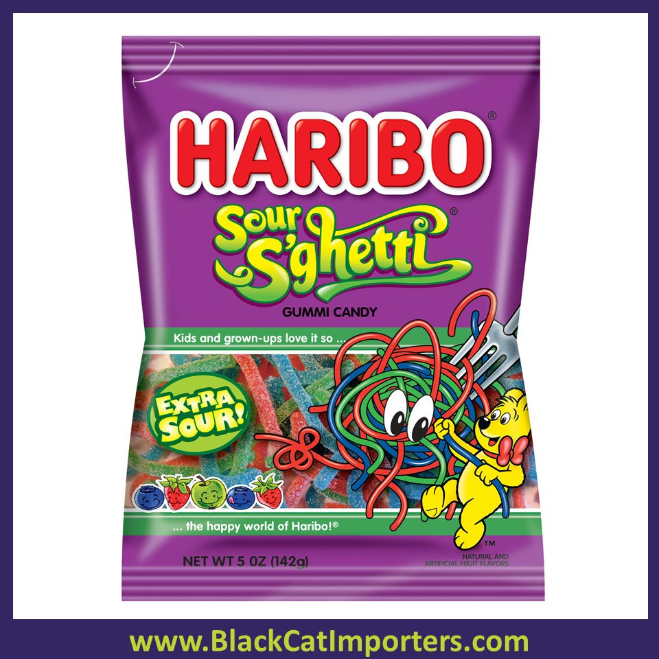 Haribo Gummies / Sour S'ghetti (Spaghetti) / Peg Bag 12ct Black Cat