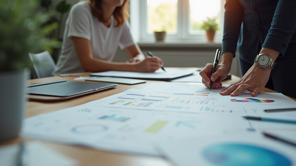 Eye-level view of a modern workspace with a designer sketching branding ideas