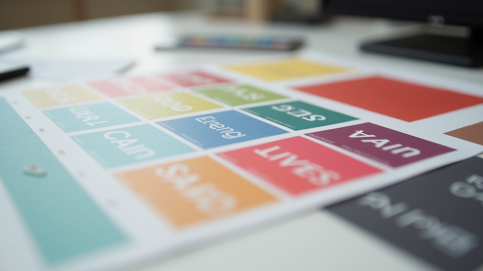 Close-up of a colour palette and typography samples on a desk