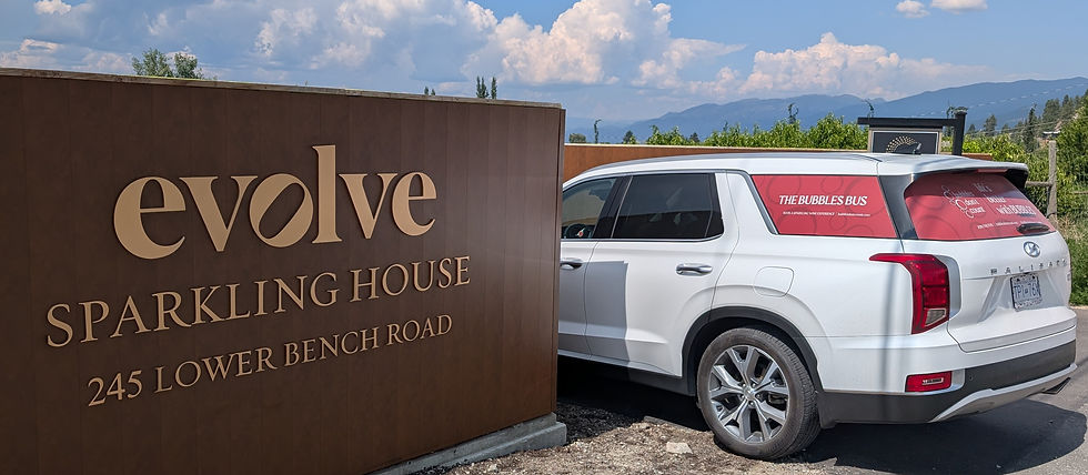 Evolve Sparkling House exterior sign with parked Bubbles Bus vehicle in Penticton, BC