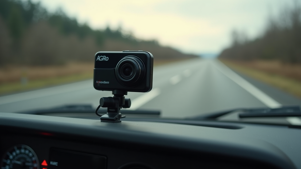 Close-up view of a truck dashboard with a mounted dash cam