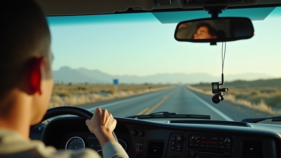 High angle view of a truck cabin with a dash cam mounted on the windshield