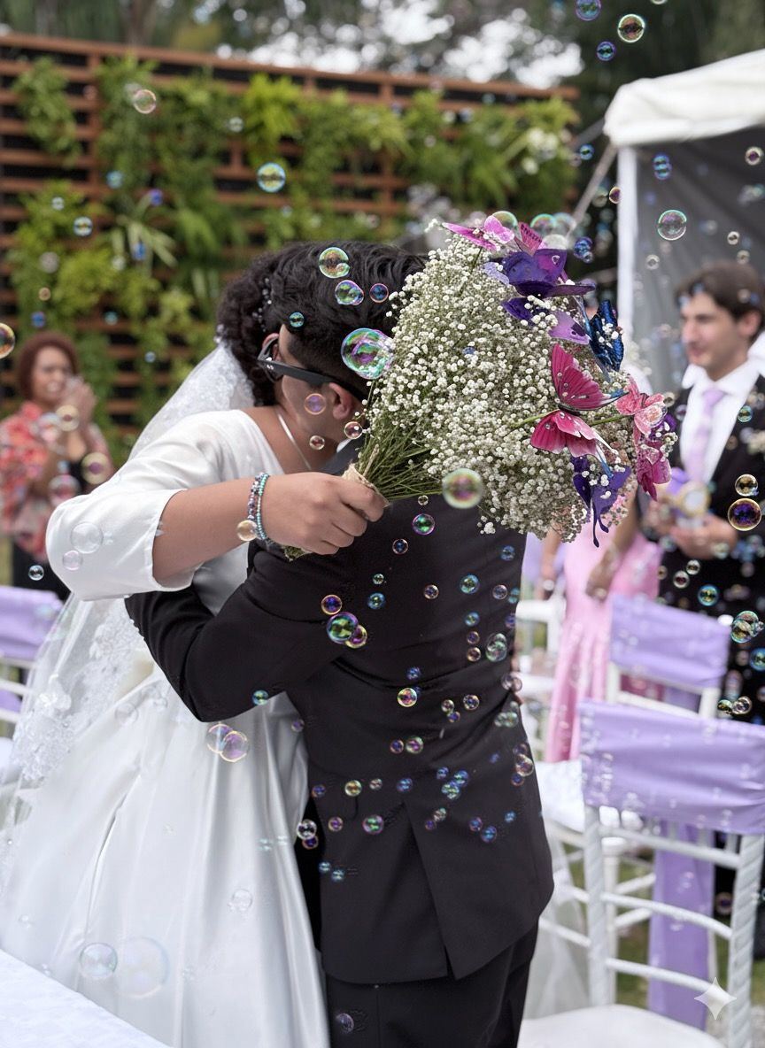 Novios celebrando entre burbujas en el jardín