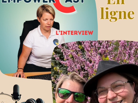 Visuel promotionnel du podcast EmpowerCast avec Cindy Amoroso et Cécile Simonin, interview sur la souveraineté financière et l’indépendance financière des femmes, mention “En ligne”.