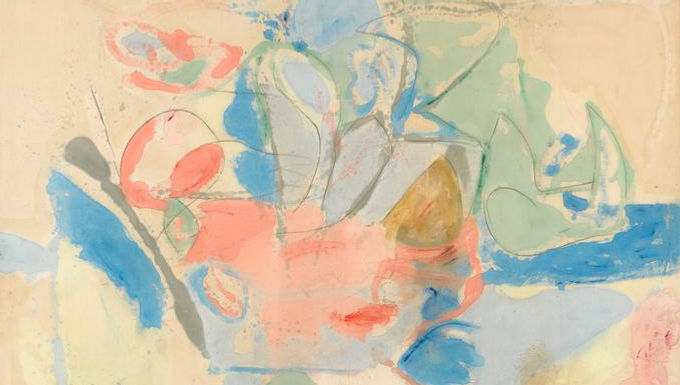 Helen Frankenthaler, Mountains and Sea (1952). Oil and charcoal on unprimed canvas, 219.4 x 297.8 cm. Helen Frankenthaler Foundation, N.Y. on extended loan to the National Gallery of Art, Washington, D.C.