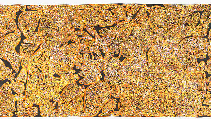 Nancy Petyarr (Anmatyerr people), Three bores (c.1983). Batik on silk, 90.6 x 190.6 cm. National Gallery of Australia, Canberra. 