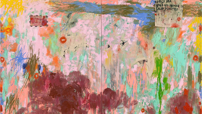 Daisy Parris, All Things Bad (2022). Oil paint and collaged canvas on canvas, 200 x 320 cm. Collection of the artist.