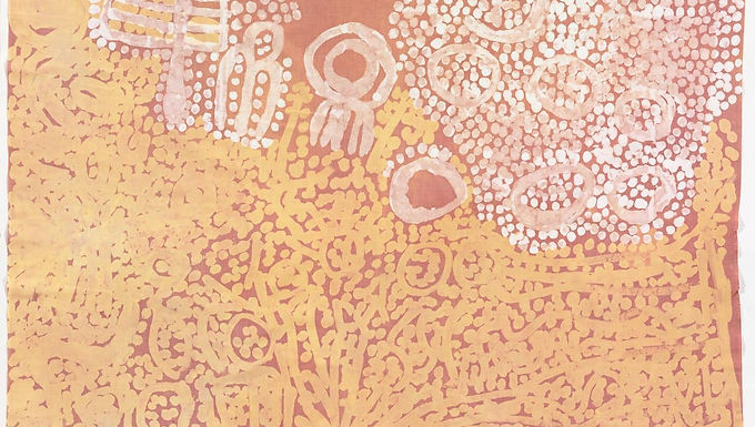 Nyurapayia Nampitjinpa, Alice Nampitjinpa, Tjunkiya Napaltjarri, Wintjiya Napaltjarri, Irene Nangala and Katarra Nampitjinpa, Untitled, fabric length (1994). Batik on cotton, 196 x 111.8 cm. National Gallery of Victoria, Australia.