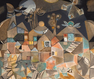 Jacqueline Lamba, Sans titre (Village dans la nuit) (1950). Oil on canvas, 150.2 x 112.1 cm. Weinstein Gallery.