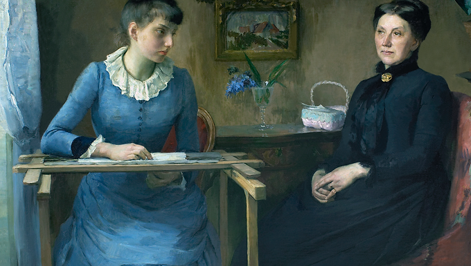 Louise Breslau, At Home (1885). Oil on canvas, 127 x 154 cm. Musée des Beaux-Arts de Rouen, France.