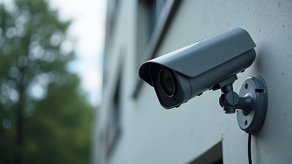 Close-up of a security camera mounted on a building exterior
