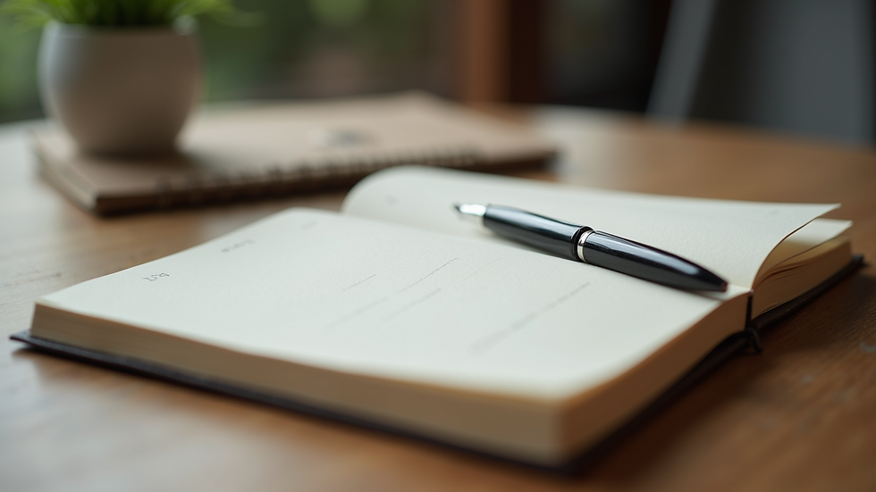 Close-up view of a journal and pen on a wooden table, symbolizing reflection and growth