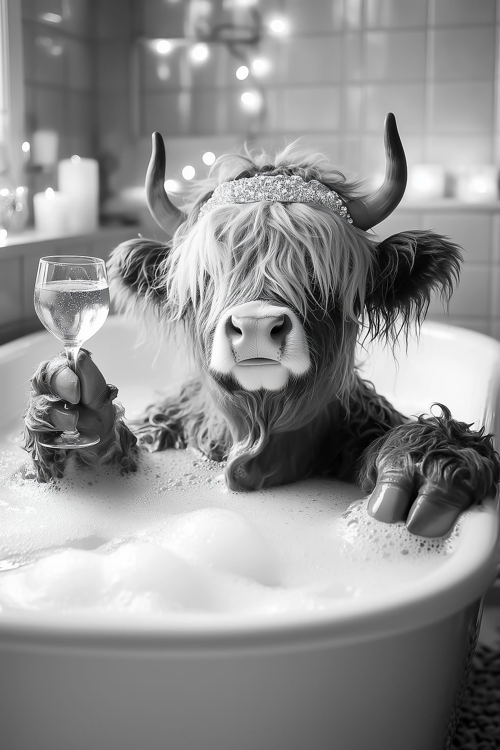 highland cow relaxing in bath with a glass of wine