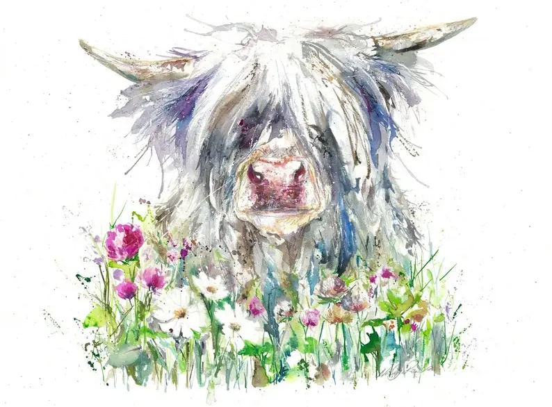 watercolour art print of a highland cow