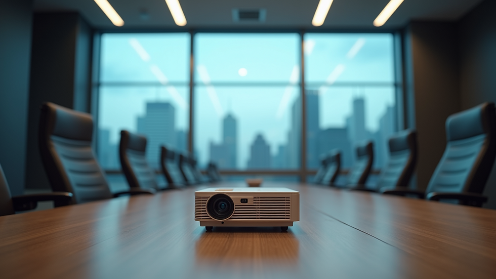 Eye-level view of a conference room with projector and screen setup