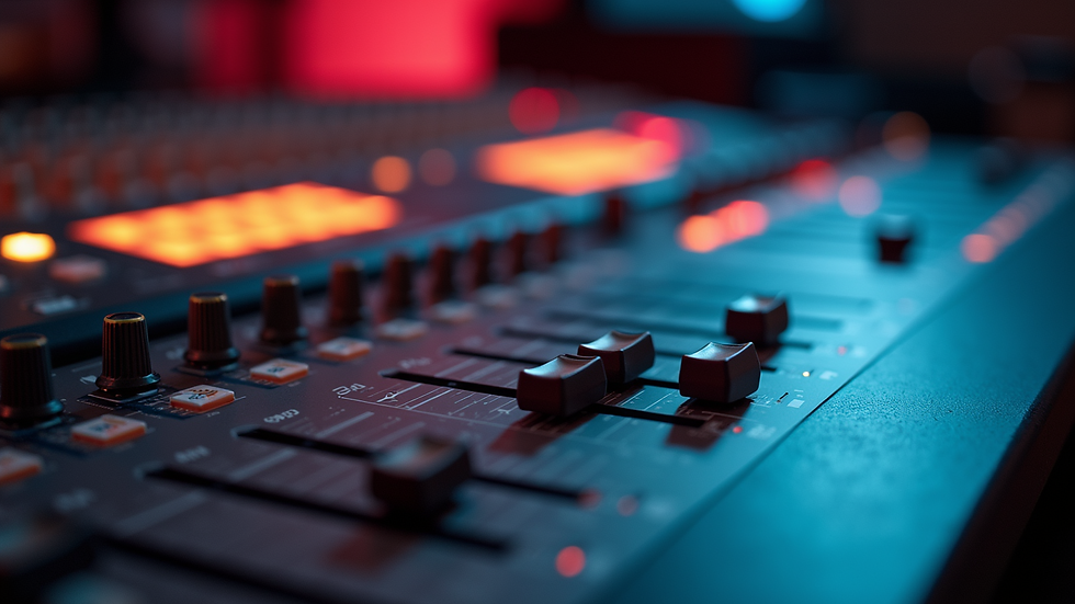 Close-up view of professional audio mixer with multiple controls