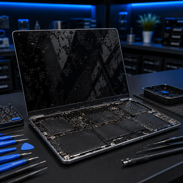 Laptop water damage repair with liquid-exposed internal hardware and professional repair tools in Albany, GA at Smart Repair