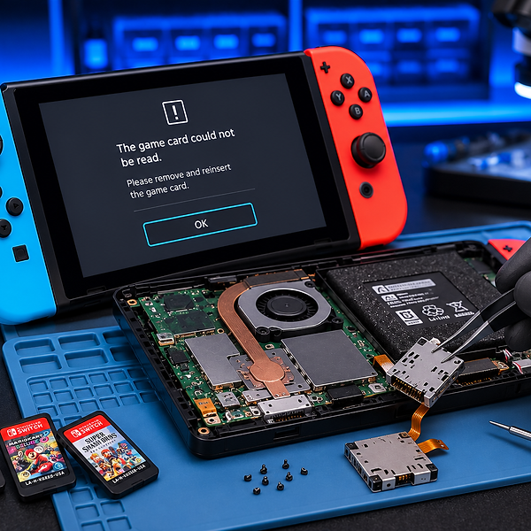 Nintendo Switch game card reader repair with exposed internal hardware, game card reader module, game cartridges, and professional repair tools in Albany, GA at Smart Repair