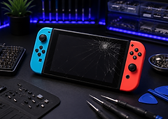 Nintendo Switch cracked screen repair with damaged display, Joy-Con controllers, and professional repair tools in Albany, GA at Smart Repair