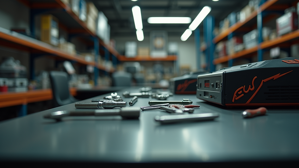 Eye-level view of a repair shop counter with tools and devices