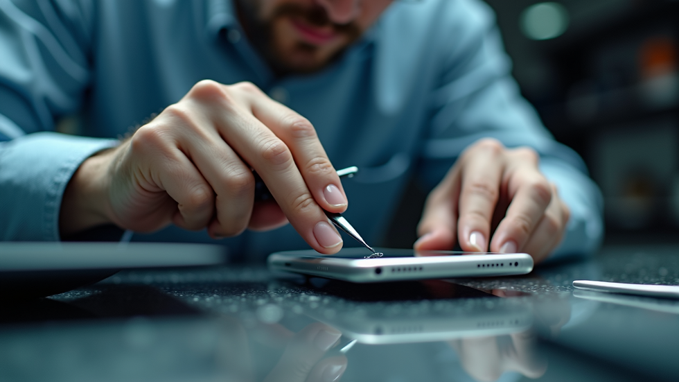 Eye-level view of a technician repairing a smartphone screen in a repair shop