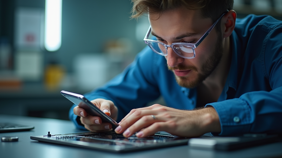 Eye-level view of a repair technician examining a smartphone screen