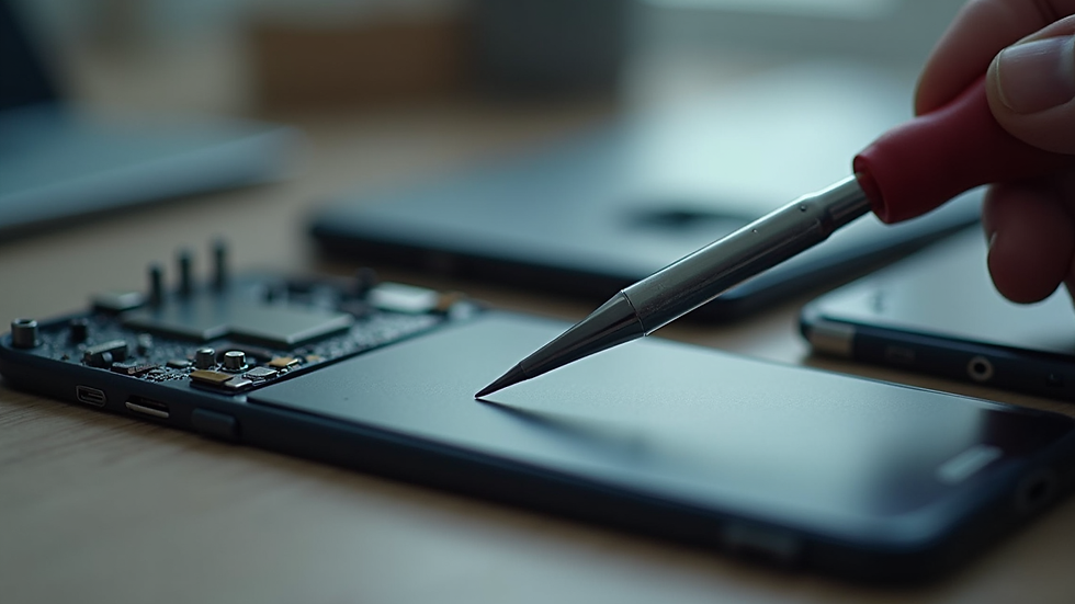 Close-up view of a smartphone repair toolkit with screwdrivers and pry tools