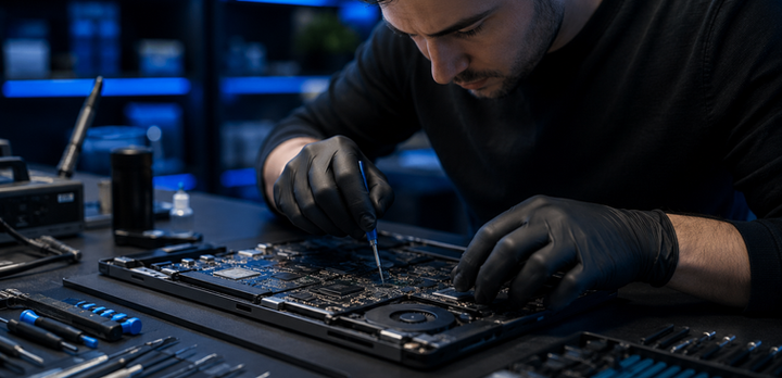 Professional electronics repair technician working on a device at Smart Repair