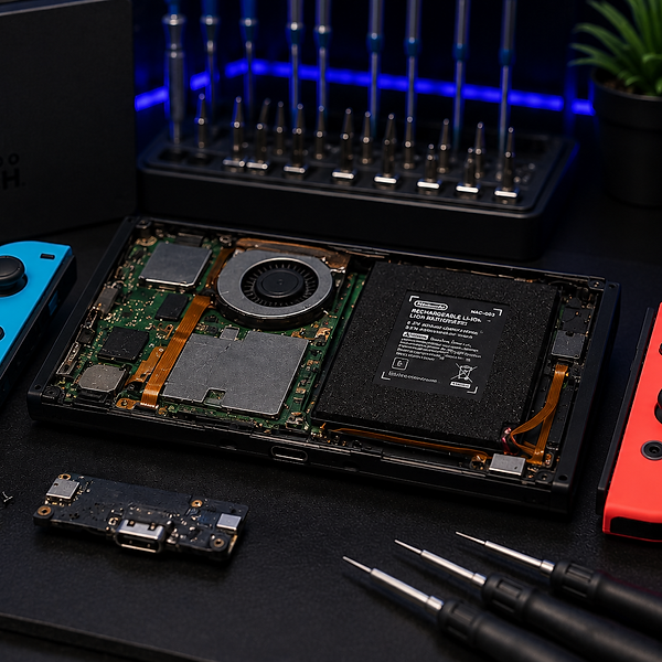 Nintendo Switch charging port repair with exposed internal hardware, USB-C port components, Joy-Con controllers, and professional repair tools in Albany, GA at Smart Repair