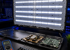 TV with exposed LED backlight strips undergoing repair in Albany GA
