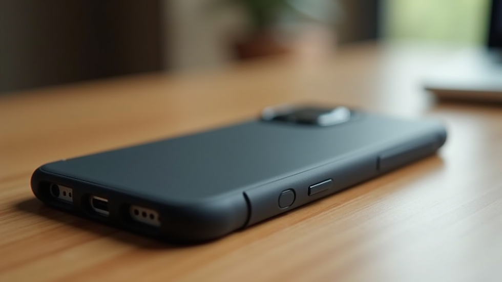Close-up view of a smartphone with a protective case on a wooden table
