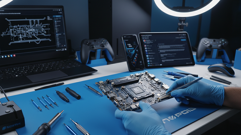 Close-up view of a gaming console motherboard being repaired