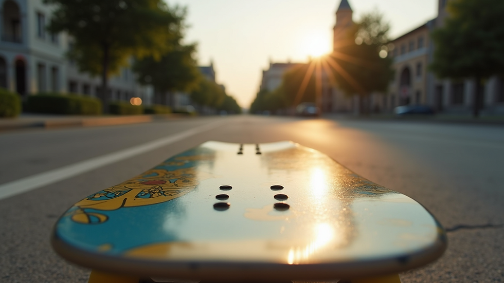 Eye-level view of a skateboard deck featuring local artwork