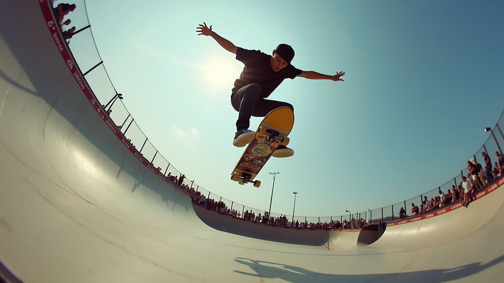Eye-level view of a skateboarder performing a trick at a skateboarding competition