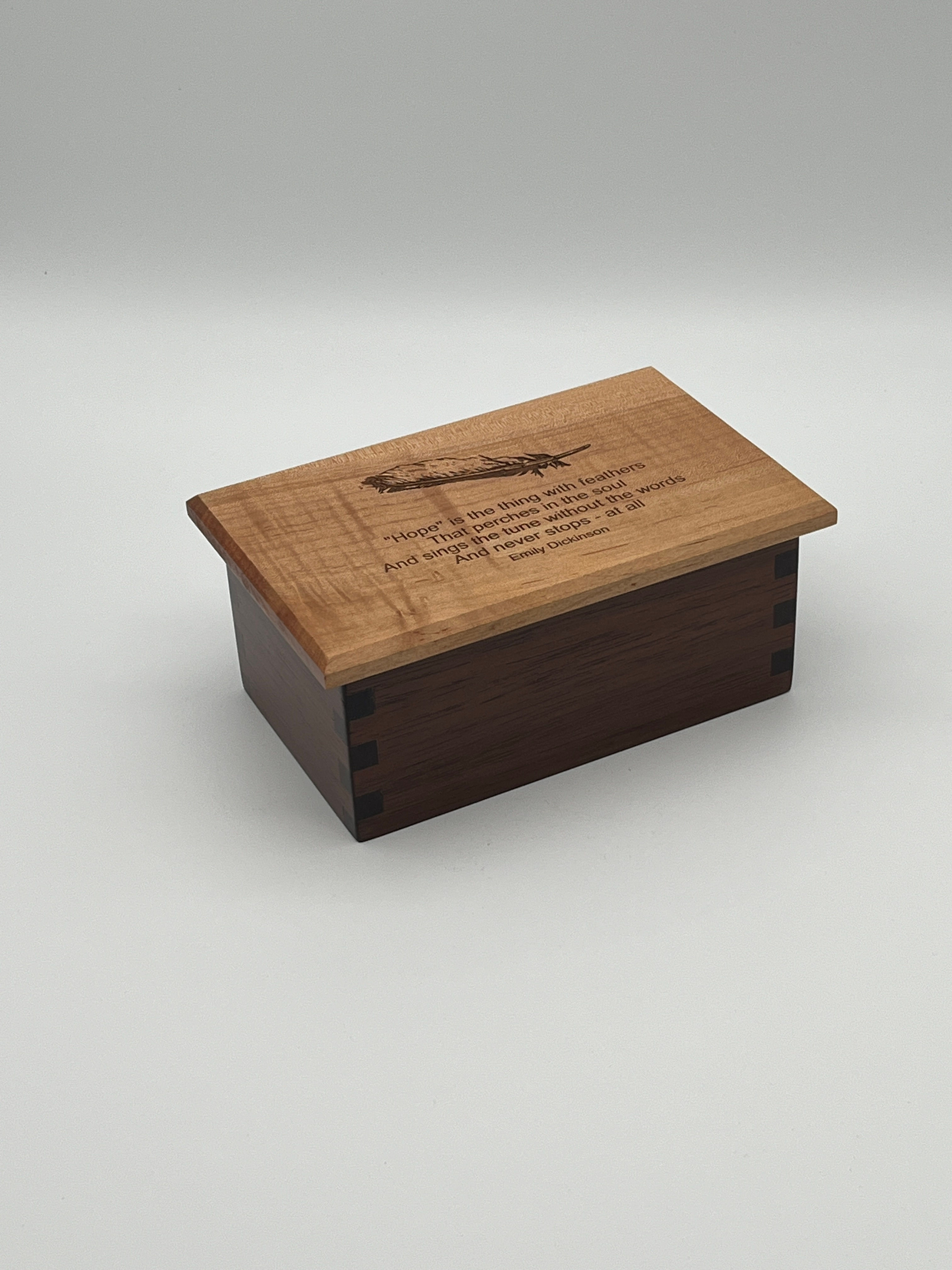 Peruvian Walnut Jewelry Box, Top is Sycamore Engraved Emily Dickinson Quote