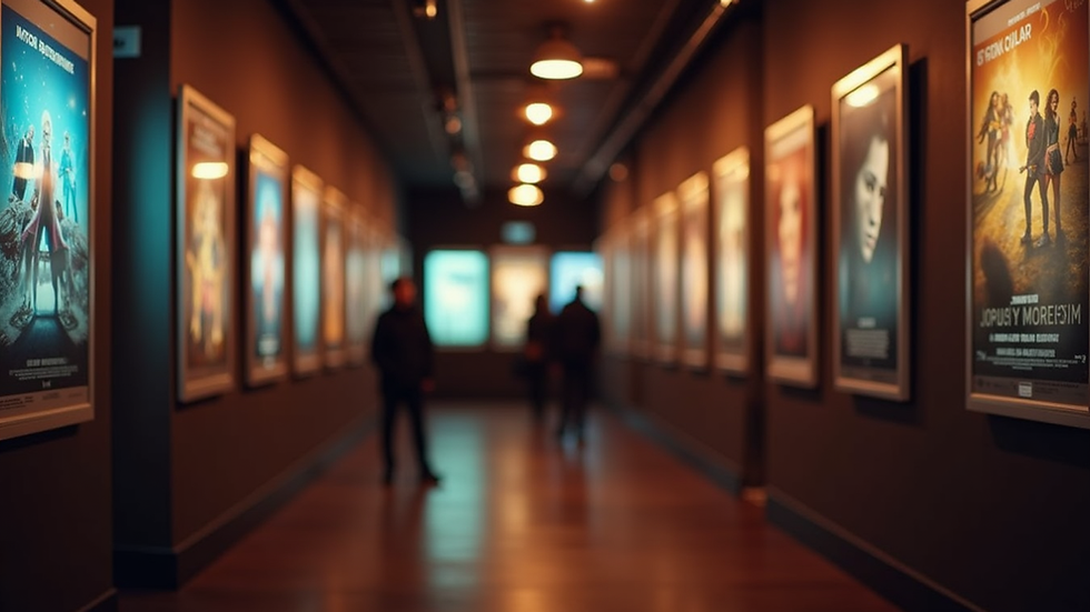 Eye-level view of a film festival showcasing movie posters
