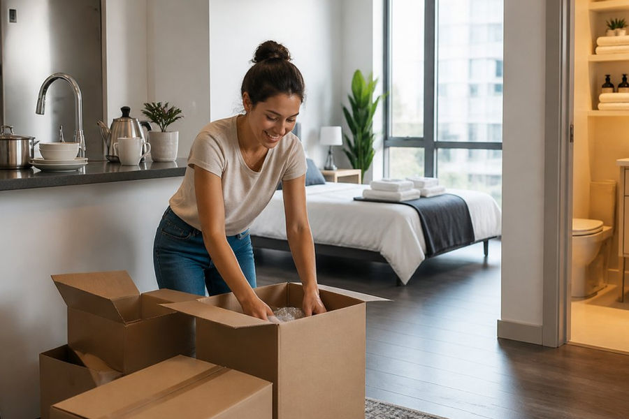 Young professional unpacking boxes in a modern apartment designed for temporary housing professionals.