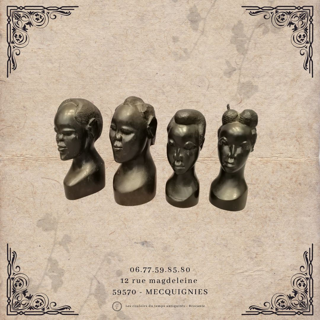 4 bustes Africains en bois d'ébène